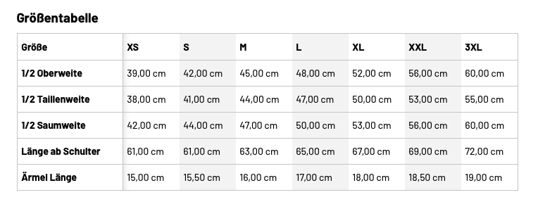 size table (female)